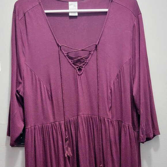 Terra & Sky Dark Purple 3/4 Sleeve Boho Top with Drawstring Tassel Ties Size 1X - Picture 2 of 5